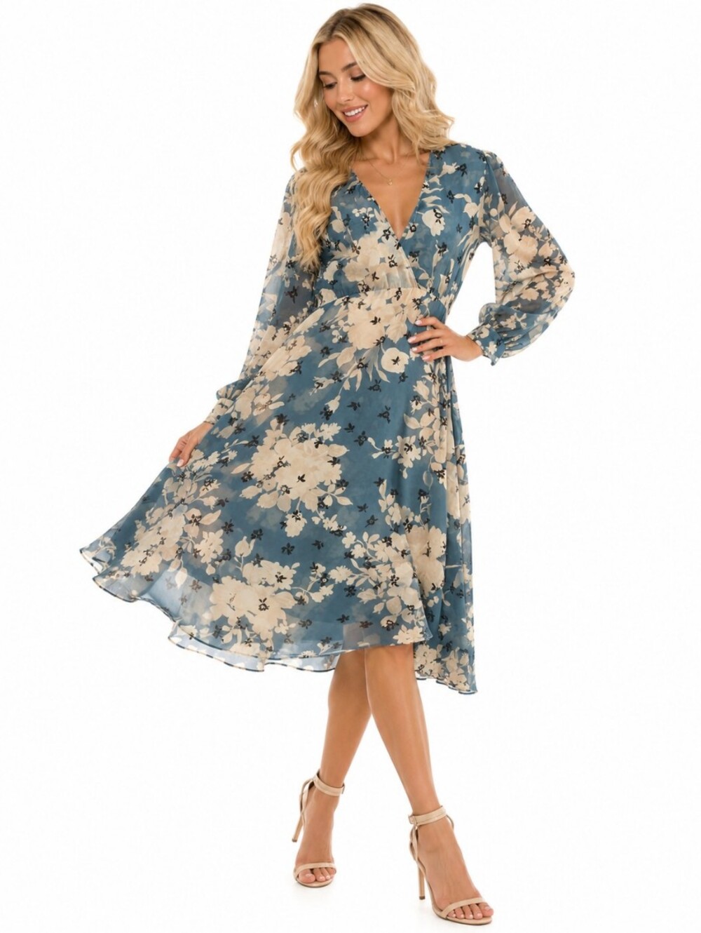 Zara Blue Floral Midi Dress Size M Long Sleeve V Neck Romantic Cottagecore